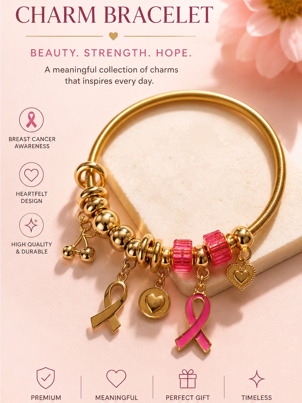 Gold and Pink Charm Bracelet - Breast Cancer Awareness
